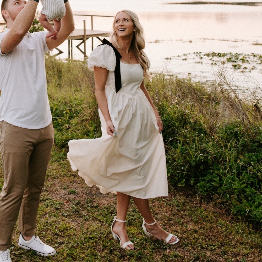 Women's Cream Midi Dress with Black Bow Shoulder Ties